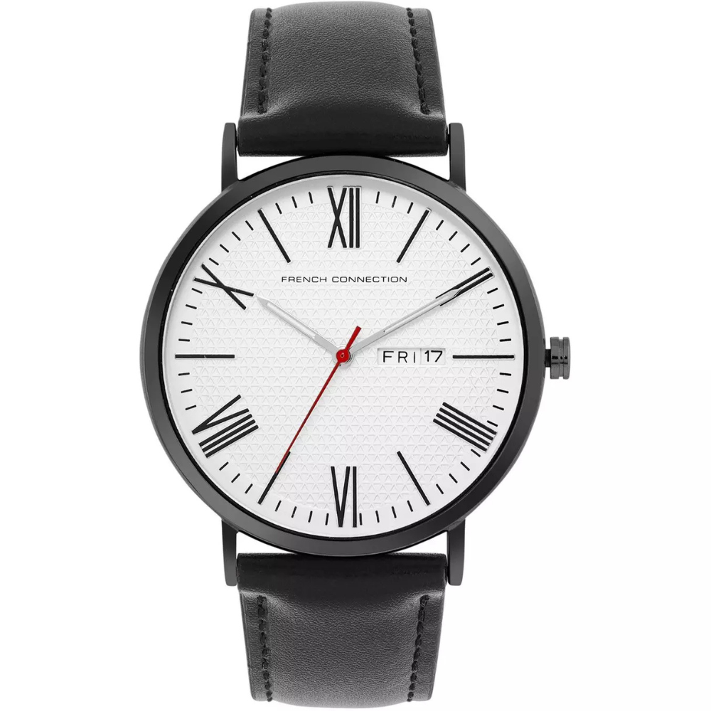 French Connection Black Case Round Shape Black Strap Quartz Watch